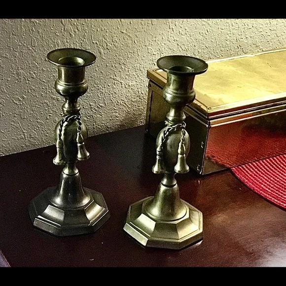 VINTAGE Brass CandleStick Holders Tassles Made in India. 6.5” tall - Picture 2 of 4